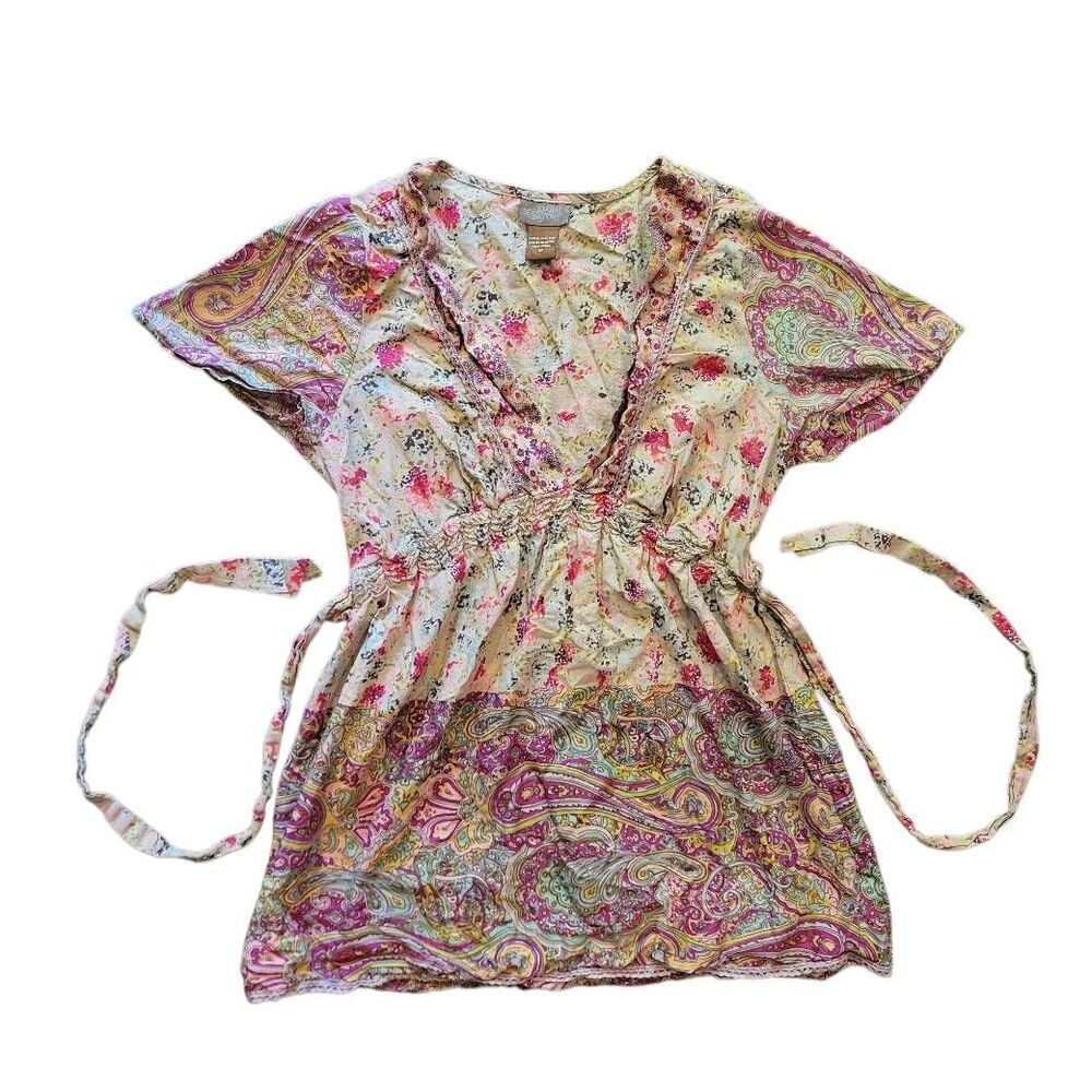 Vintage Y2K Daytrip Blouse Women's Medium Babydoll Floral Paisley Tie Back